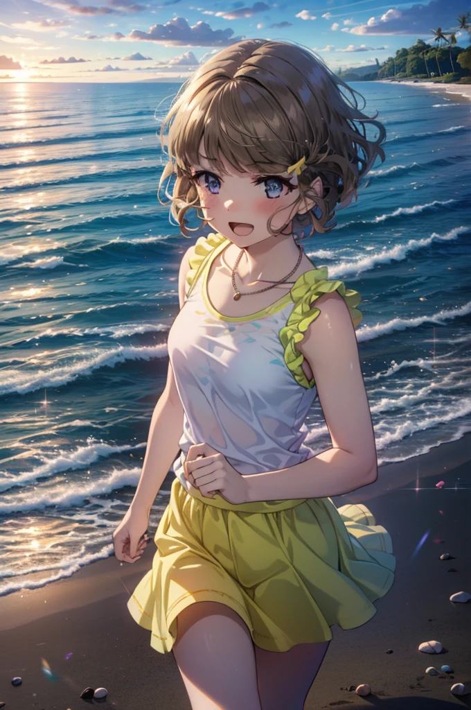 tomoekoga, Chie Koga, Long Hair, Brown Hair, blue eyes, Hair Clip,happy smile, smile, Open your mouth,Yellow tank top shirt,No sleeve,Shell Necklace,Yellow long skirt,barefoot,barefoot,Walking,True Summer,Daytime,Hair is fluttering in the wind,Sandy Beachで散歩している,whole bodyがイラストに入るように,
break outdoors, Sandy Beach,Beach,
break looking at viewer, whole body,
break (masterpiece:1.2), Highest quality, High resolution, unity 8k wallpaper, (figure:0.8), (Beautiful attention to detail:1.6), Highly detailed face, Perfect lighting, Highly detailed CG, (Perfect hands, Perfect Anatomy),