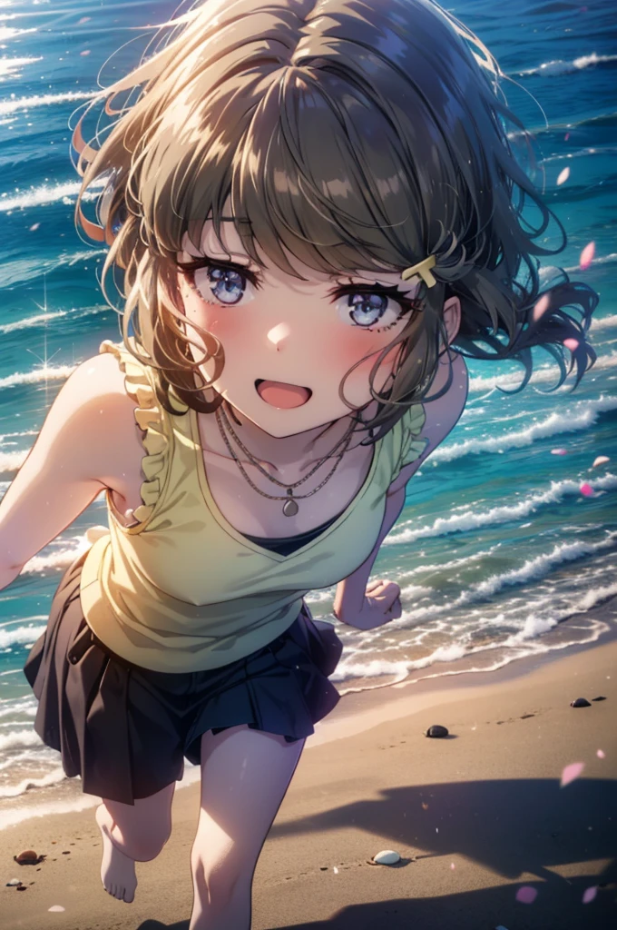 tomoekoga, Chie Koga, Long Hair, Brown Hair, blue eyes, Hair Clip,happy smile, smile, Open your mouth,Yellow tank top shirt,No sleeve,Shell Necklace,Yellow long skirt,barefoot,barefoot,Walking,True Summer,Daytime,Hair is fluttering in the wind,Sandy Beachで散歩している,whole bodyがイラストに入るように,
break outdoors, Sandy Beach,Beach,
break looking at viewer, whole body,
break (masterpiece:1.2), Highest quality, High resolution, unity 8k wallpaper, (figure:0.8), (Beautiful attention to detail:1.6), Highly detailed face, Perfect lighting, Highly detailed CG, (Perfect hands, Perfect Anatomy),
