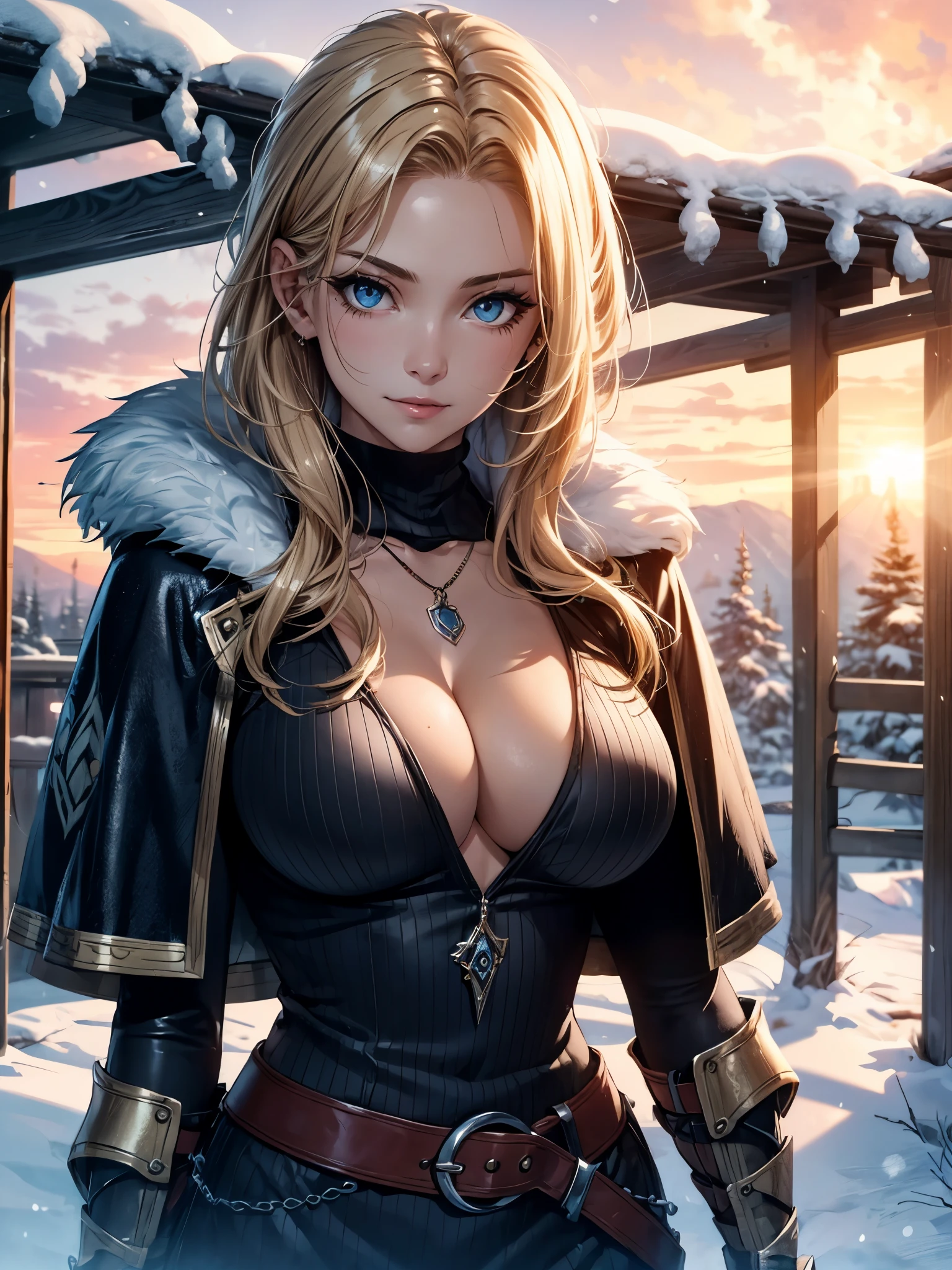 (​masterpiece), (top-quality), sunset, natural lights, ,(realistic:1.5), 1girl, long blonde hair, curvaceous, looking at viewer, eye contact, stunningly beautiful 20 years old scandinavian girl, viking shieldmaiden, warrior, raider, detailed medieval village in background, sunset, snow, winter, natural lights, leather_armour, furs, viking_raider_armour, necklace, tattoos, Cleavage athletic body, large breasts, upper body, mid shot, masterpiece, detailed, mature, bright colors, high saturation, stunningly beautiful girl, dark blue eyes, dark blonde hair, , enchanted_beauty, precise hands, ferocious smile, smirk, confident look、arrogance, Clear eyes, Shining eyes,, ultra-definition, Top resolution,  soft lightning sultry look, seductive
