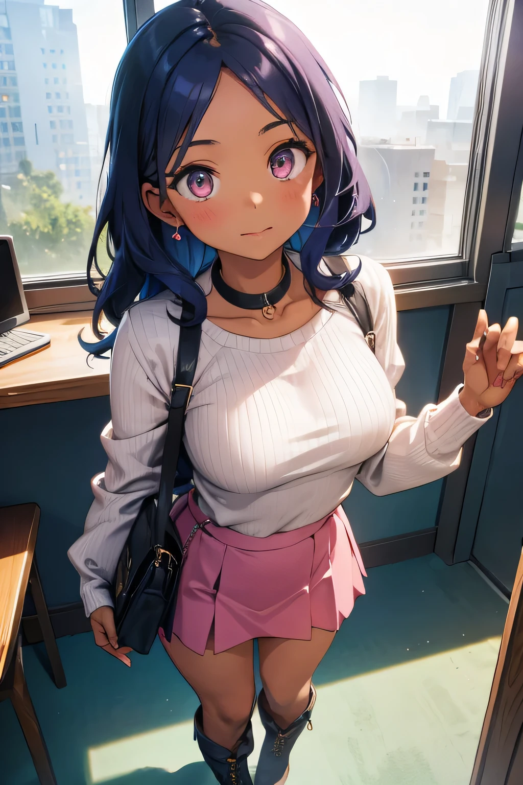 1 girl, single girl, sexy girl, wavy blue hair, dark skin, tan skin, big breasts and wide hips, pink top with a sweetheart neckline, a small white sweater, a small dark pink skirt, a long pink boot, a mini bag , in an office, in a building