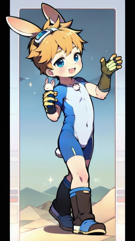 ((A young boy))，(Youthful feeling)，One-piece mountaineering suit，Slender figure,Healthy limbs，Goggles，Fingerless gloves，Cotton socks，Short sleeve，stand up，happy，Rabbit ears，Rabbit Tail