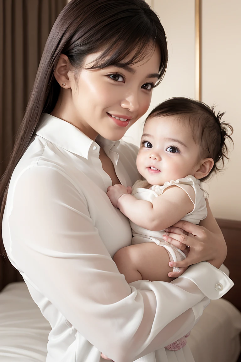 (Highest quality、Tabletop、8K、Best image quality、Award-winning works)、(High school girl holding a baby:1.3)、(White polyester collared shirt:1.1)、(Holding a baby:1.4)、(The most natural and perfect one year old baby:1.2)、(The most accurate and detailed 1 year old baby 1.3)、(Face close-up:1.3)、(Baby facial details:1.2)、The most natural and perfect hand、Big Breasts、Accentuate your body lines、Ultra HD Hair、Ultra high resolution perfect beautiful teeth、The most beautiful smile is looking at me、Ultra-high definition beauty face、Ultra HD Hair、Ultra HD Shining Eyes、Shining Ultra High Resolution White Skin、Super high quality glossy lip、(Accurate anatomy:1.1)、(Bright and glowing skin:1.1)、(Extremely blurred luxury hotel bedroom background:1.1)、(In a huge luxury bed:1.1)、(The most atmospheric and warm lighting:1.1)、Tyndall effect、Great cinema lighting、(Strongly blurred background:1.1)、Luxury wall decor、Luxury Interior