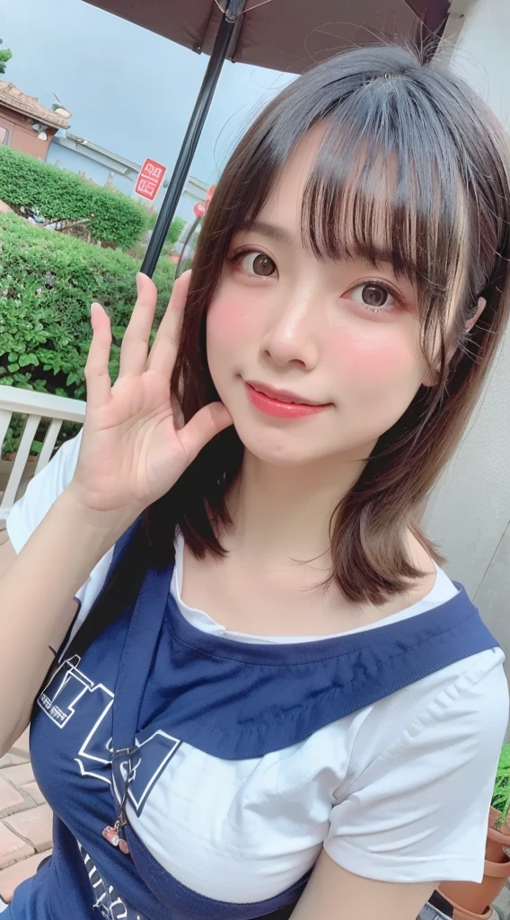 top-quality high resolution、(photoRealstic:1.4)、red blush、cute little、A smile、Looking at the camera、Sunnyday、blue-sky、Colossal tits、Emphasis on breasts、short-cut、Waving hands、Mole in the eye、up of face