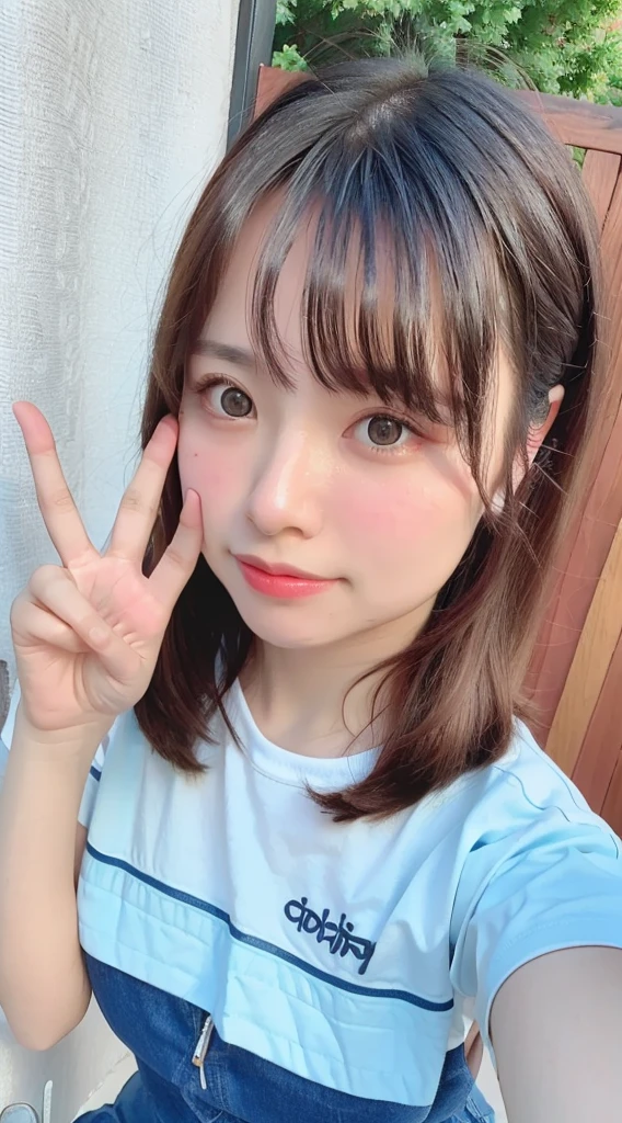 top-quality high resolution、(photoRealstic:1.4)、red blush、cute little、A smile、Looking at the camera、Sunnyday、blue-sky、Colossal tits、Emphasis on breasts、short-cut、Waving hands、Mole in the eye、up of face