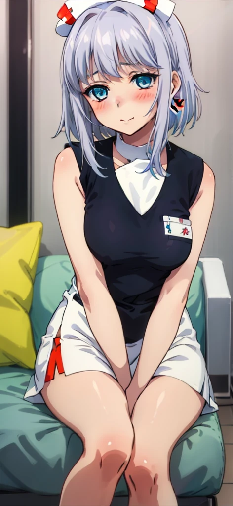 1 girl, kanon kanase,  , blush, medium breasts, sleeveless,(((nurse uniform))), sitting indoors,  20-year-old, healthy skin.