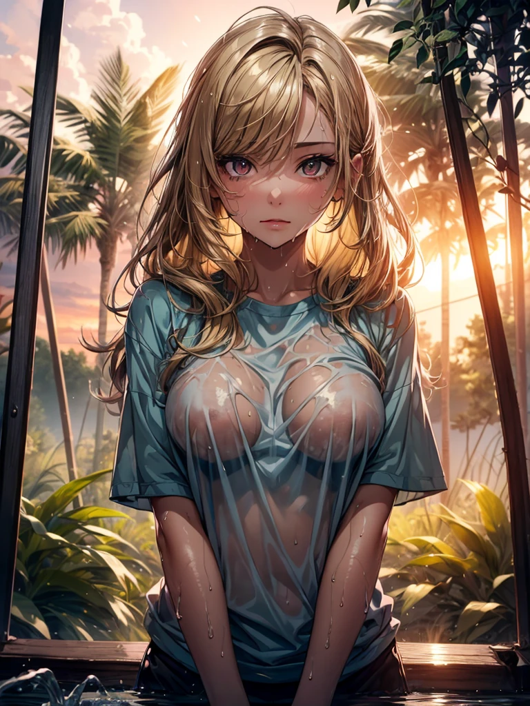 (masterpiece), (top-quality), sunset, natural lights, (1 girl), large tanned breasts, wet skin, sweaty skin, wavy blonde hair, translucent t-shirt, stunningly beautiful girl, in a natural environment with wet sheets and trees, sunset, Top resolution, soft lightning sultry look, seductive