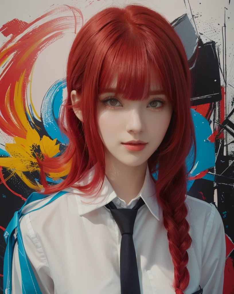 cute girl with red hair and a tie in front of a colorful background, style 4 k, portrait cute girl