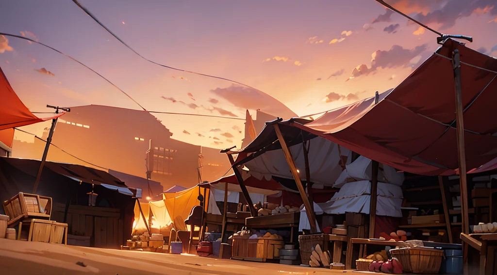 traditional market, (market tents), canopies, butchery, wooden boxes, wooden basket, strings, sand ground, dawn sky, dark morning, low angle, 