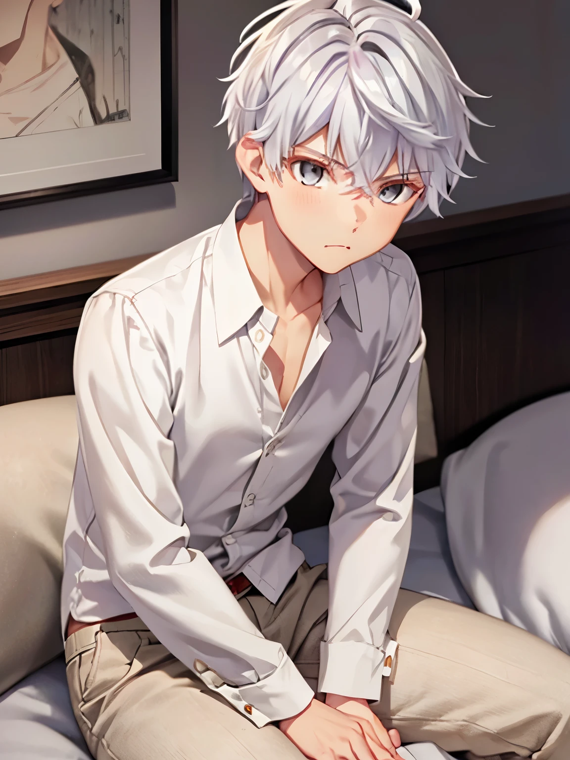 1 men, 18 years old,solo, male focus, grey hair, grey eyes, short hair, hair between eyes, bangs,White shirt, brown trousers, sitting on the bed, expression surprised