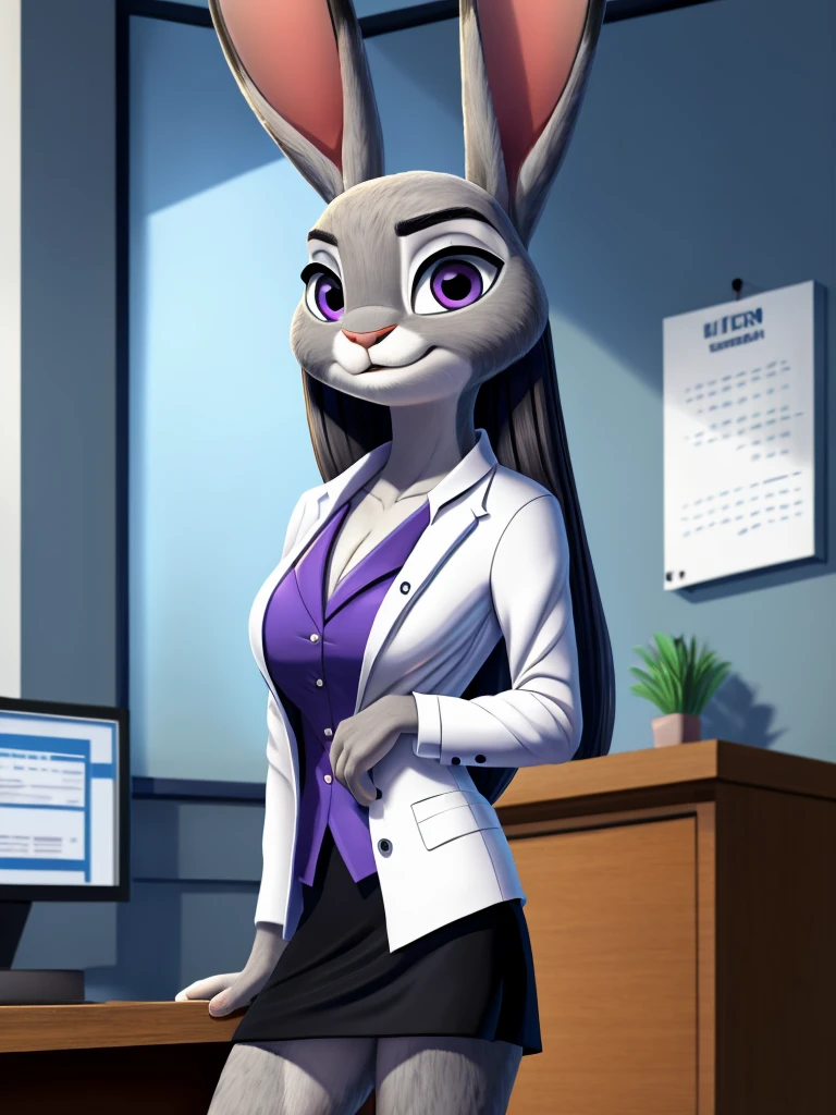 best quality,
masterpiece,
High quality
hyper Realistic,
Portrait,
Looking at the audience,
detailed background,
background is an office,
(Face is JudyHopps:1.15),
NamiFinal,
((long straight hair)),
wispy bangs, bangs,
purple eyes,
(arched eyebrows:1.1),
(uplift eyebrows:1.1),
(rabbit ears:1.1),
office lady is wearing suit,
((White blouse)),
((Black blazer jacket)),
((Black skirt)),
clothes made of cotton,
(skin is felt:1.3),
human hands,
(solo:1.5),
(1 lady:1.5),
one character only
alone,
Perfect Anatomy