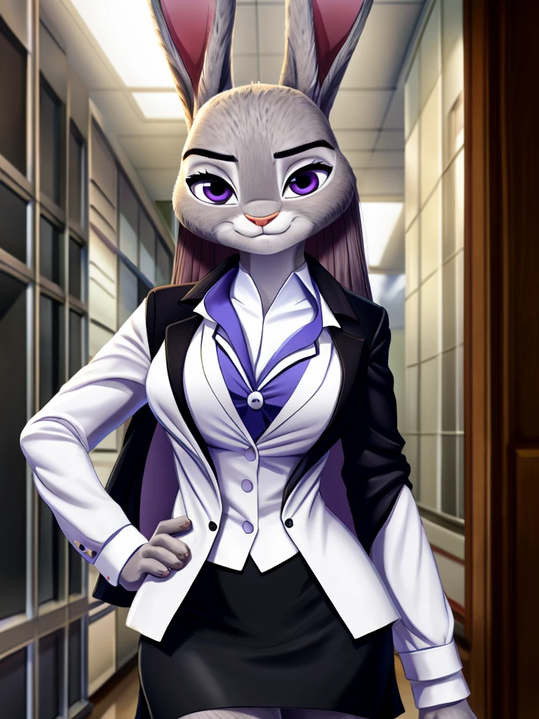 best quality,
masterpiece,
High quality
hyper Realistic,
Portrait,
Looking at the audience,
detailed background,
background is an office,

(Face is JudyHopps:1.15),
NamiFinal,
((long straight hair)),
wispy bangs, bangs,
purple eyes,
(arched eyebrows:1.1),
(uplift eyebrows:1.1),
(rabbit ears:1.1),

office lady is wearing suit,
((White blouse)),
((Black blazer jacket)),
((Black skirt)),
clothes made of cotton,

(skin is felt:1.3),
human hands,

(solo:1.5),
(1 lady:1.5),
one character only
alone,
Perfect Anatomy