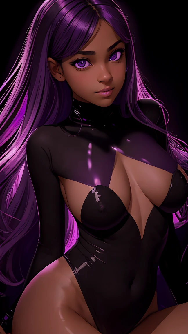 vector image, vibrant colours, smooth gradation, best quality, masterpiece, absurdres, ((isolated)), (((pitch black background))), (detailed face and eyes:1.2), smirking, detailed beautiful eyes, eyelashes, glossy full lips, sensual, volumetric lights, long shot, ((full body shot)), bursting out breasts, busty, full cleavage, curvaceous, ((())), (((purple tinted lighting))), tanned skin, (((totally naked)))