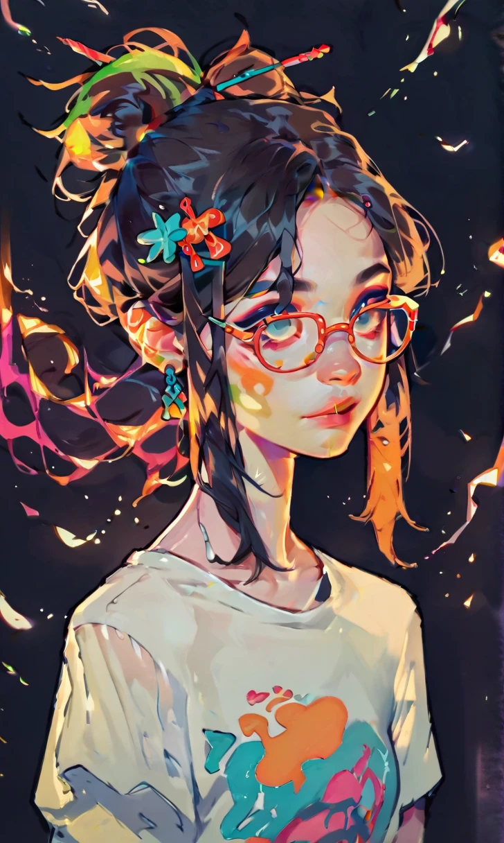 (score_9, score_8_up), score_7_up, score_6_up, score_5_up, score_4_up, 1girl, rim lights, pale skin, pigtail hair, long black hair, hair pin, black background, vibrant, high contrast, painterly, traditional oil paint, white t-shirt with panda face design on it, black shorts, glasses,
