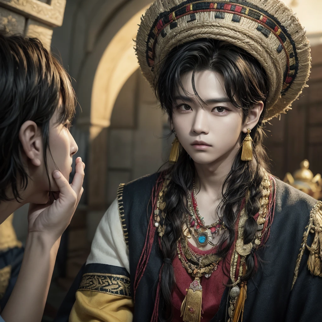 Lee Know of stray kids actor and kpop idol more realism in hair and clothing hair orange, Crea una imagen de un inca del Perú con cabello naranja brillante, pecas en todo el rostro y unos impresionantes ojos verdes brillantes. Imagina al dios Inti con rasgos faciales inspirados en el idol de Kpop Lee Know de Stray Kids, con su característico encanto y carisma. Fusiona la esencia de la cultura inca con la estética del Kpop al representar a este ser divino con una apariencia única y moderna. Haz que la imagen transmita una combinación de fuerza y delicadeza, reflejando la dualidad entre la conexión con la naturaleza y la influencia de la cultura pop contemporánea. Utiliza colores vibrantes y detalles precisos para crear una imagen impactante que combine lo tradicional con lo moderno de una manera sorprendente.Peru, inca Create a representation of an inca sitting on his throne, surrounded by riches and tributes. Imagine an Inca warrior leading his army into battle. Design a detailed portrait of an Inca dressed in his best outfits and jewelry. Draw an illustration of an Inca participating in a sacred ritual at a temple. Create an image of an Inca walking through the gardens of Machu Picchu, contemplating the majesty of the citadel. Design a mural that represents the daily life of the Incas in their empire. Imagine an Inca hunting in the Andes, surrounded by mountainous landscapes. Draw an illustration of an Inca celebrating a traditional festival with his people. Create an artistic representation of an Inca receiving tribute from different regions of the empire. Design a scene of an Inca consulting a shaman to make important decisions.