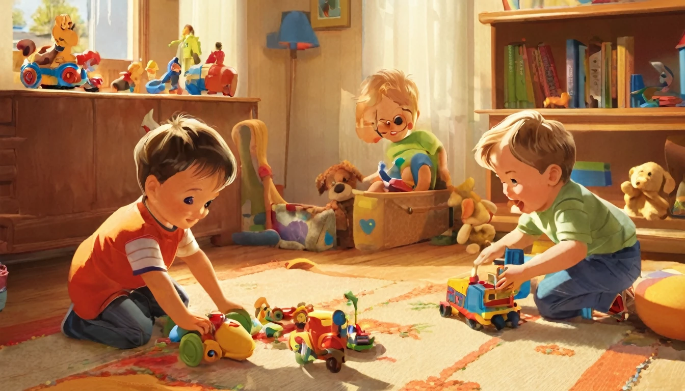 Scene in the living room,Two little boys kneeling on the ground playing with toys
