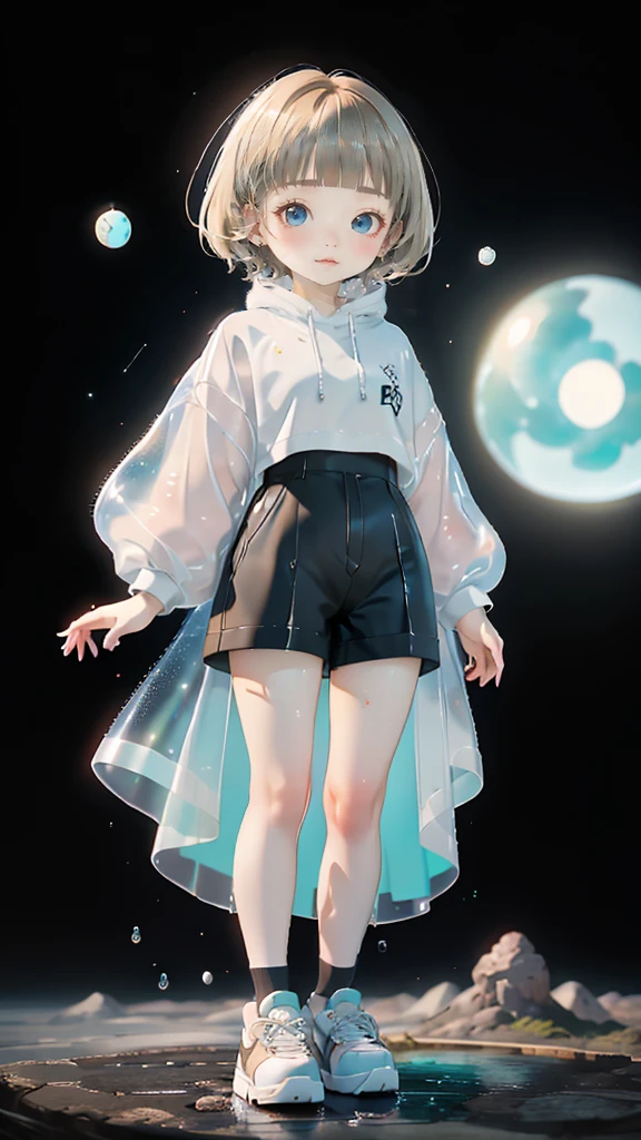 delicate、detailed、high quality、high resolution、４K、high quality、Short Mash Hair、Short Hair、Blonde Hair Color、Turquoise Eyes、white色のパーカー、Black hot pants、Black sneakers、Childish, high quality、超detailedな、(1 girl in:1.3)、internal、Elementary school girls、 girl，，Chairman Type，M-shaped foot、small, Inflated，white, See-through, Wet underwear，Complex architecture、Lush garden、Designing Peace and Spirituality。Designed with a fisheye effect image that captures a wide field of view with a unique curved viewing angle。Panoramic cityscape、Dramatic Skyline、breather、A sophisticated space with a rooftop view