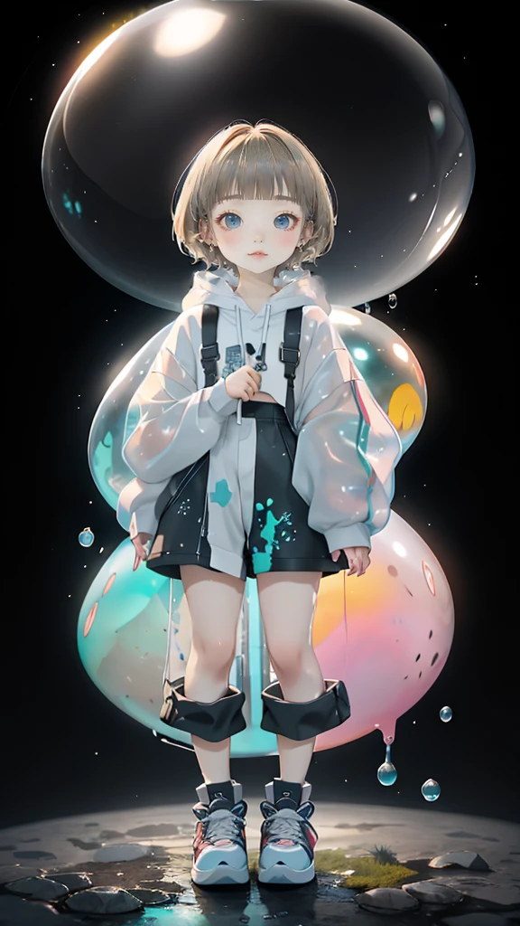 delicate、detailed、high quality、high resolution、4K、high quality、Short Mash Hair、Short Hair、Blonde Hair Color、Turquoise Eyes、white色のパーカー、Black hot pants、Black sneakers、Childish, high quality、超detailedな、(1 girl in:1.3)、internal、Elementary school girls、 girl,,Chairman Type,M-shaped foot、small, Inflated,white, See-through, Wet underwear,Complex architecture、Lush garden、Designing Peace and Spirituality。Designed with a fisheye effect image that captures a wide field of view with a unique curved viewing angle。Panoramic cityscape、Dramatic Skyline、breather、A sophisticated space with a rooftop view