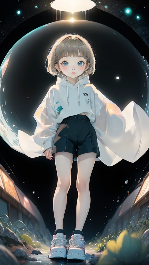 delicate、detailed、high quality、high resolution、4K、high quality、Short Mash Hair、Short Hair、Blonde Hair Color、Turquoise Eyes、white色のパーカー、Black hot pants、Black sneakers、Childish, high quality、超detailedな、(1 girl in:1.3)、internal、Elementary school girls、 girl,,Chairman Type,M-shaped foot、small, Inflated,white, See-through, Wet underwear,Complex architecture、Lush garden、Designing Peace and Spirituality。Designed with a fisheye effect image that captures a wide field of view with a unique curved viewing angle。Panoramic cityscape、Dramatic Skyline、breather、A sophisticated space with a rooftop view