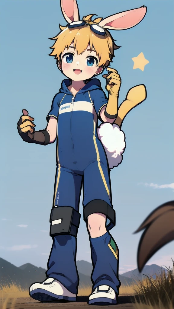 ((A young boy))，(Youthful feeling)，One-piece mountaineering suit，Slender figure,Healthy limbs，Goggles，Fingerless gloves，Cotton socks，Short sleeve，stand up，happy，Rabbit ears，Rabbit Tail