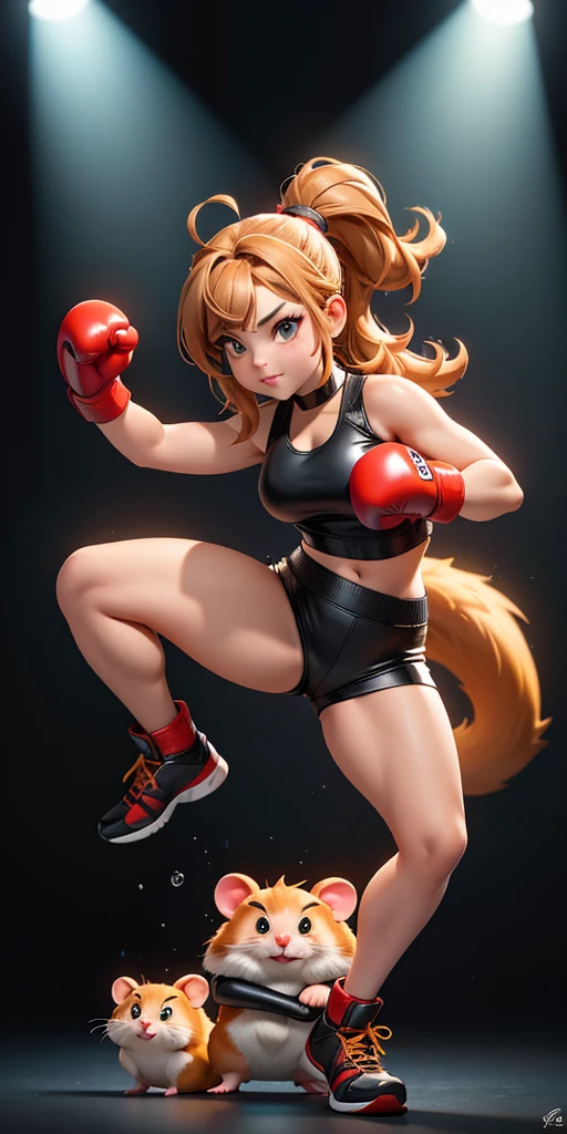 Full body portrait of a cute hamster in a black leather vest and boxing gloves, in a dynamic fighting stance with dramatic lighting against a dark background, digital art in the style of Pixar studio.