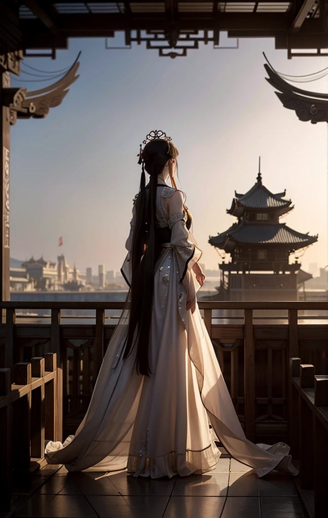 A woman in a long skirt stands on the bridge, palace ， Girl wearing Hanfu, Rendering of Tang Dynasty beauties, Guviz-style artwork, Beautiful fantasy queen, Rossla Global Lighting, Beautiful concept art, Popular on cgstation, Ross Chen. Landscape background, Chinese Princess, side view