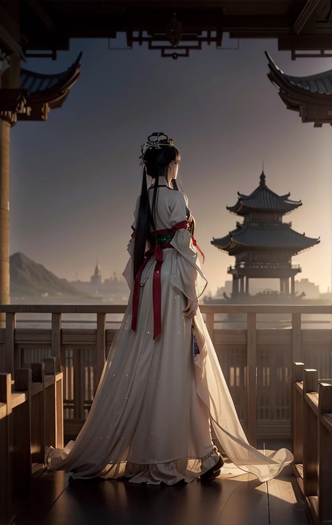 A woman in a long skirt stands on the bridge, palace , Girl wearing Hanfu, Rendering of Tang Dynasty beauties, Guviz-style artwork, Beautiful fantasy queen, Rossla Global Lighting, Beautiful concept art, Popular on cgstation, Ross Chen. Landscape background, Chinese Princess, side view