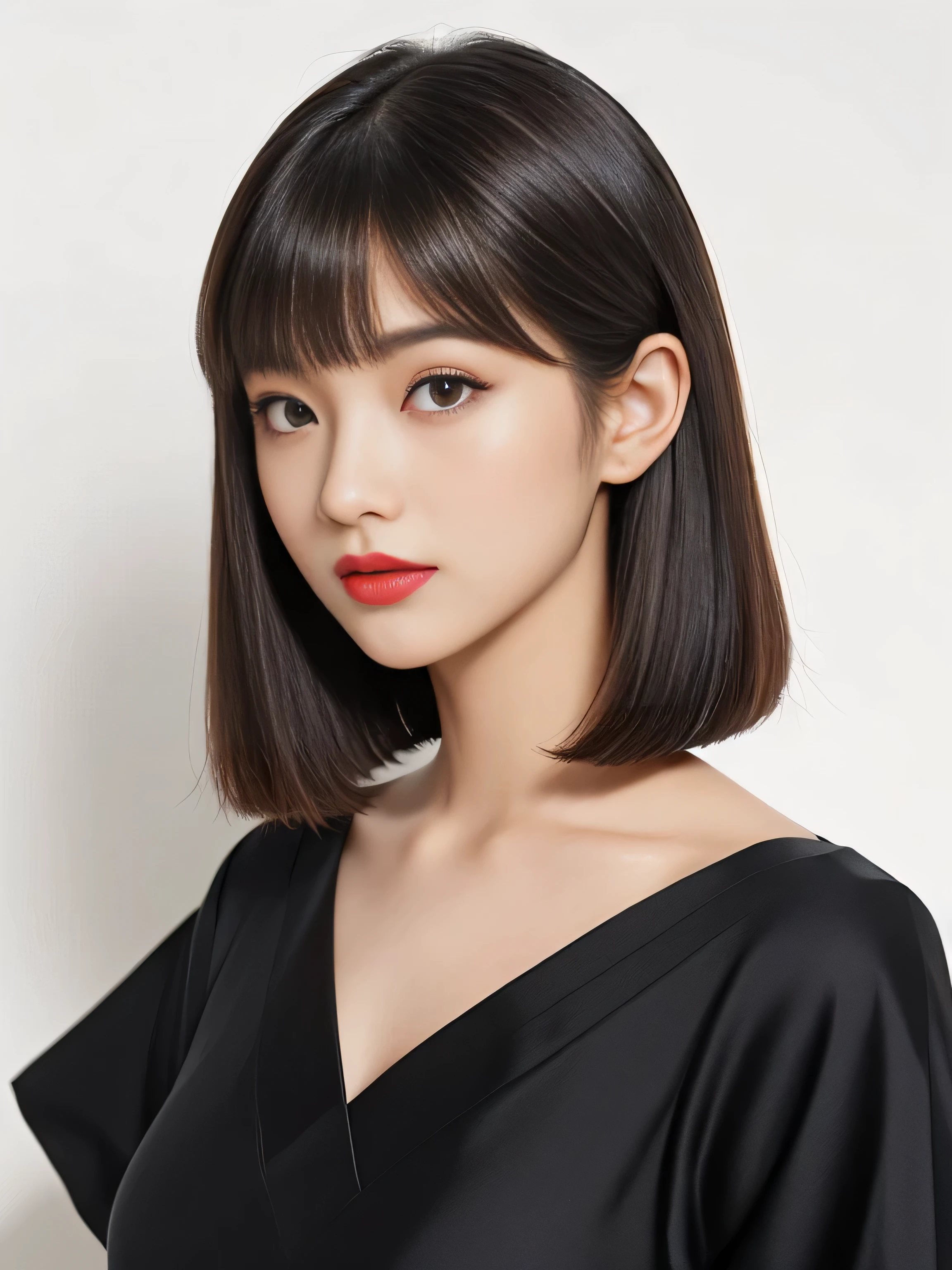 1 female (Close up of her face:1.7!!!) (She turns to the viewer、She has a very sexy look!!!!!) (((Her hair color is the perfect light brown...:1.8!!))) ((Her hair is loose and wavy)) (Her bangs are neatly trimmed そして straight down.:1.4) ((Highest quality)) ((masterpiece)) (family friendly) (Get used to it) (White wall background!!!!!) (The most beautiful そして sensual 24-year-old cosmetics model in Japan) (((Her hair is cut in a loose bob that reaches just above her shoulders..!!!.))) (Highest quality&Highly detailed black hair her hair is beautiful, There is a volume and、、、Very shiny.、Very beautiful silky hair Beautiful silky hair Shiny Hair Her hair is very straight) (She received a sensual make-up treatment by a professional make-up artist.... Exquisite texture:1.4 Bright red lipstick!!! Beautiful black eyeliner) Perfect Woman'face (Her face is dignified そして sexy) ((Her eyebrows are very thin:1.8)) Perfect Woman'face (Her face shape is thinner than average:1.8) (Her eyes are larger than average:1.8 Her nose is higher than average:1.8) (she has a typical Japanese build そして skin color..., Her skin is very high quality and ultra high definition.、very beautiful そして glowing skin) (Her face is dignified and sexy) ((Rich 1.4)) (Extremely detailed 8K) (Ultra-fine skin texture 1.4) (current, Vibrant:1.4), Sharp focus:1.2、Beautiful woman:1.4 Dynamic Lighting (Genuine RAW photos taken by professional photographers) (Surreal photos by professional photographers :1.2)