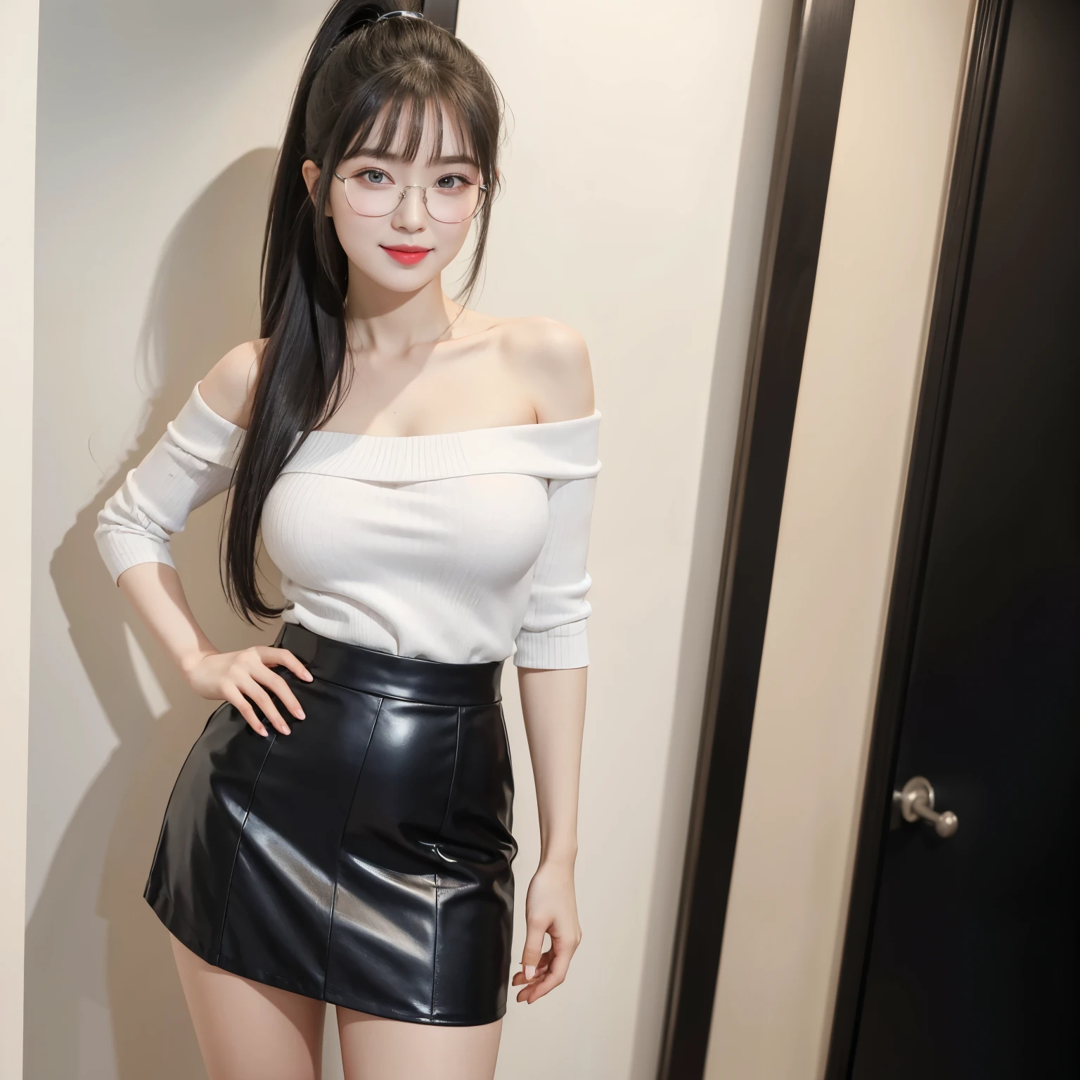 (Best quality, masterpiece, detailed), (RAW, 4k, hd images), shy, 1 girl, , white skin, long hair, ponytail, layers hair, bangs, black hair, beautiful girl, cute girl, sweet girl, pretty girl, perfect girl, pretty eyes, blue eyes, thin lips, thin, (eye line, lip stick soft), perfect , glasses(detailed frame), room, smile, thigh, white off shoulder clothes, black short skirt, standing, white wall background, sexy pose, facing on camera, full body, shoes