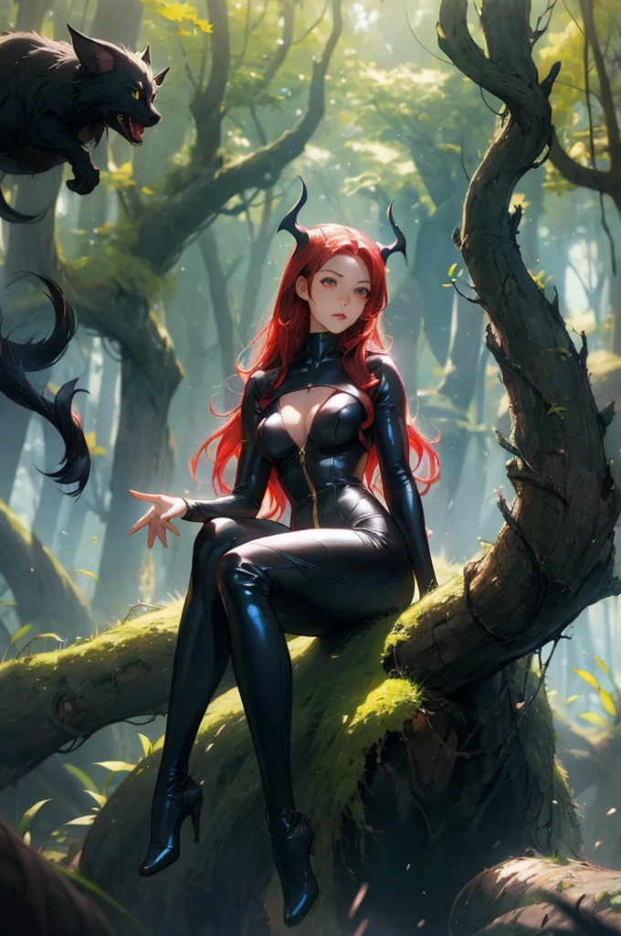 red hair and black catsuits sitting in the woods, NUDE , HUGE beautiful succubus, extremely detailed artgerm, seductive anime girl, fantasy art style, anime fantasy artwork, gothic maiden anime girl, beautiful alluring anime woman, 8k high quality detailed art, rossdraws sakimimichan, fantasy gorgeous lighting, anime fantasy illustration, beautiful fantasy anime