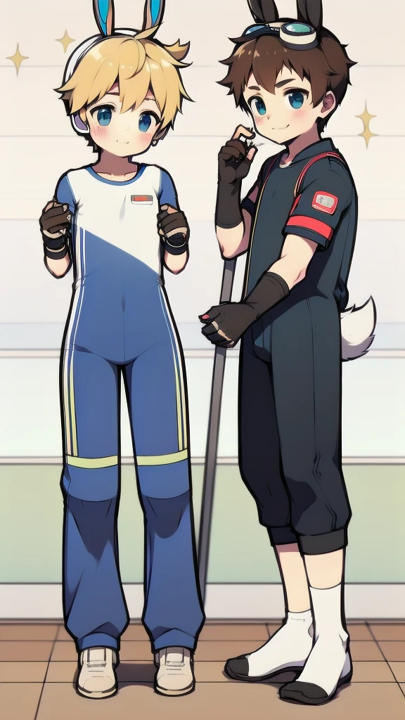 ((A young boy)),(Youthful feeling),One-piece mountaineering suit,Slender figure,Healthy limbs,Goggles,Fingerless gloves,Cotton socks,Short sleeve,stand up,Smile,Rabbit ears,Rabbit Tail