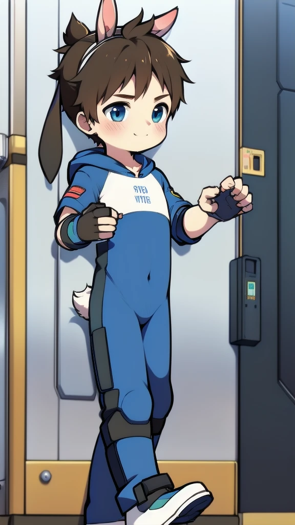 ((A young boy)),(Youthful feeling),One-piece mountaineering suit,Slender figure,Healthy limbs,Goggles,Fingerless gloves,Cotton socks,Short sleeve,stand up,Smile,Rabbit ears,Rabbit Tail