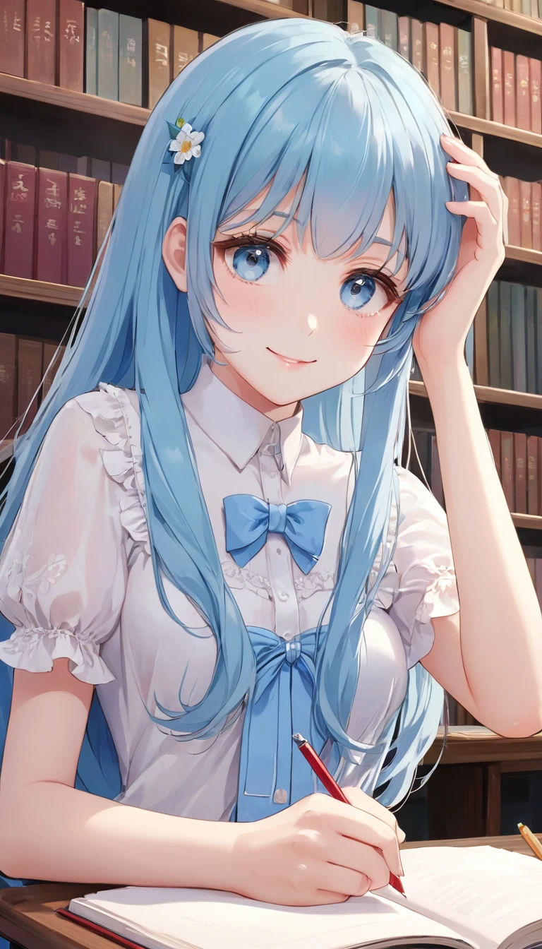 masterpiece, best quality, extremely detailed, (illustration, official art:1.1), 1 girl ,(((( light blue long hair)))), ,(((( light blue long hair)))),light blue hair, , long hair ((blush)) , cute face, big eyes, masterpiece, best quality,(((((a very delicate and beautiful girl))))),Amazing,beautiful detailed eyes,blunt bangs((((little delicate girl)))),tareme(true beautiful:1.2), sense of depth,dynamic angle,,,, affectionate smile, (true beautiful:1.2),,(tiny 1girl model:1.2),)(flat chest), 1girl, (masterpiece, best quality, ultra detailed, 4K:1.5), ultra-detailed background, 1 girl, 1 man, from above, focus upper body, (((headpat))), BREAK kleedef, kleernd, cute face, smile,  very happy, sitting, studying at a desk, BREAK in the library, {Illustration}, {{Very delicate and beautiful}}, Classroom (school desk), (textbook, notebook, mechanical pencil, Pencil case) 1 girl (small build, short limbs, , in front of desk), round face,textbook、(((Concept_Headpat)))
