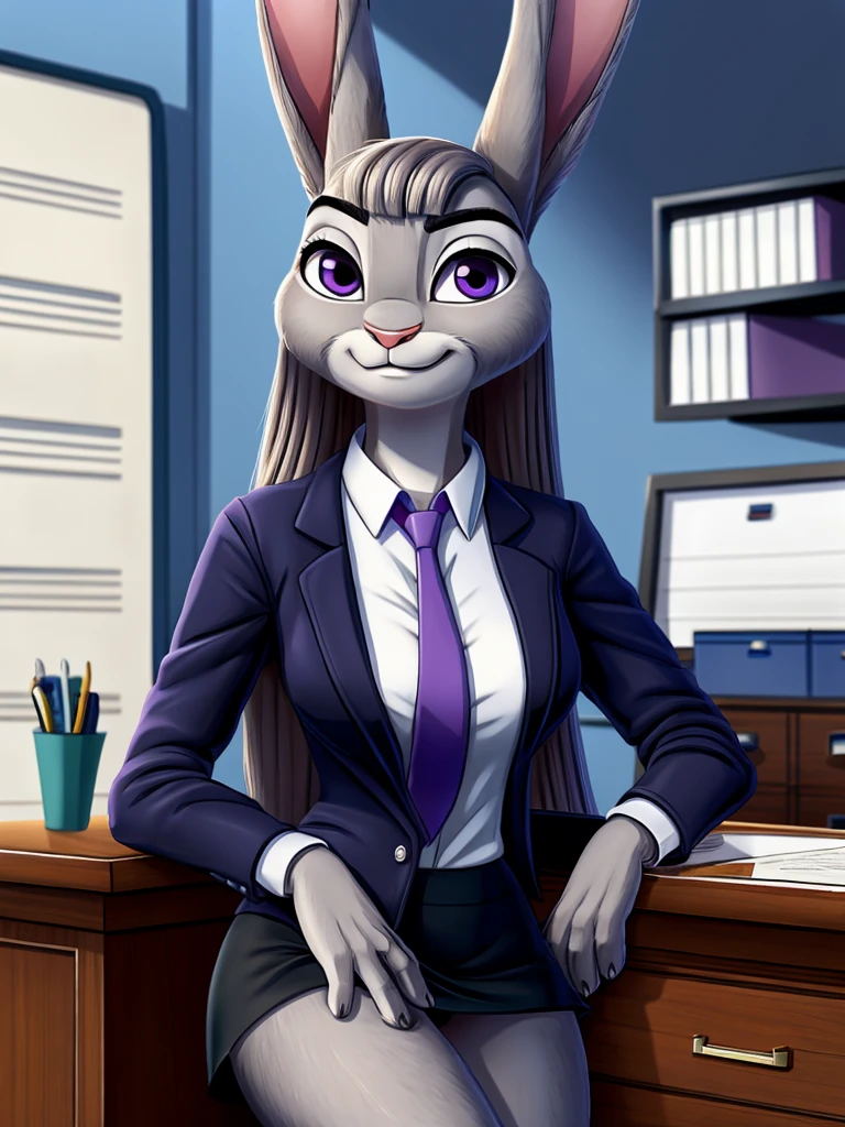 best quality,
masterpiece,
Realistic,
Portrait,
Looking at the audience,
detailed background,
background is an office,
(Face is JudyHopps:1.15),
NamiFinal,
((long straight hair)),
wispy bangs, bangs,
purple eyes,
(arched eyebrows:1.1),
(uplift eyebrows:1.1),
(rabbit ears:1.1),
office lady is wearing suit,
((White blouse)),
((Black blazer jacket)),
((Black skirt)),
clothes made of cotton,
(skin is felt:1.3),
human hands,
(solo:1.5),
(1 lady:1.5),
one character only
alone,
Perfect Anatomy