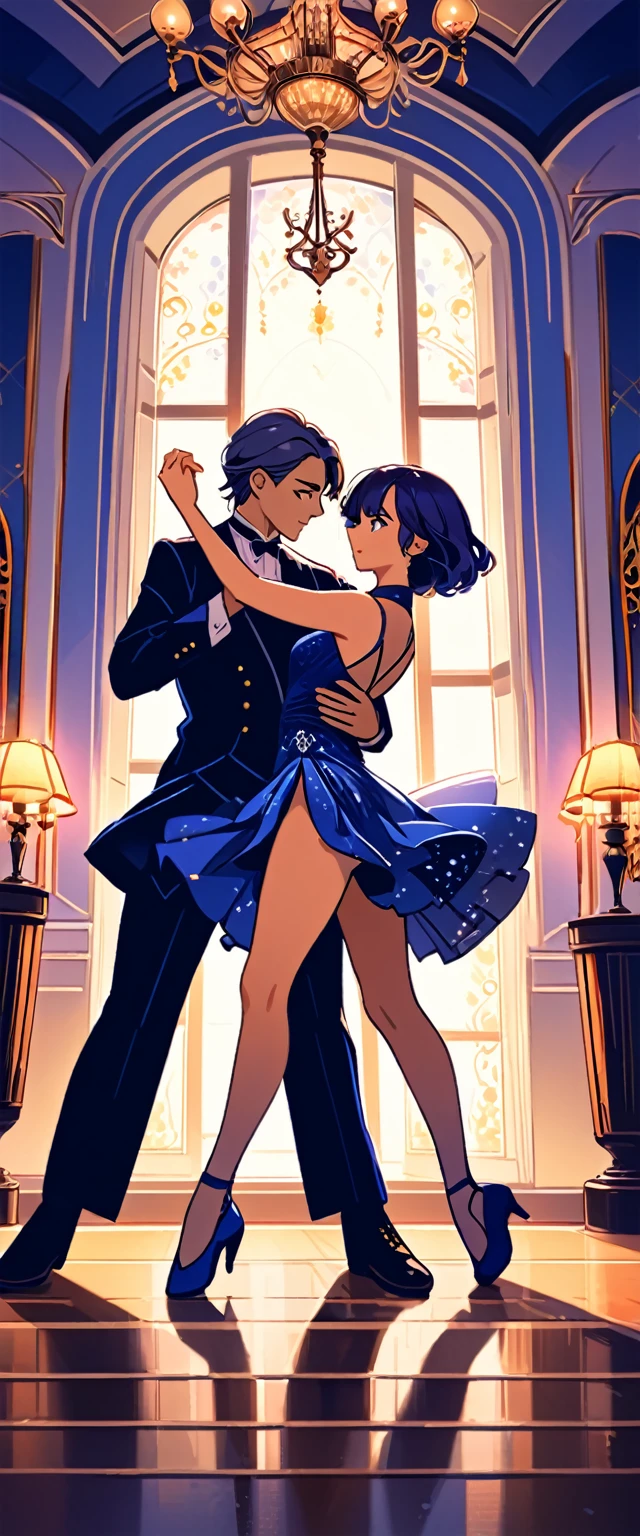 a man and woman dancing tango, art deco ballroom, warm color palette, 1920s, 1 man 1 woman, sexy tango dance pose, ballroom dancers, ornate art deco interior, detailed architectural features, chandelier, (best quality,4k,8k,highres,masterpiece:1.2),ultra-detailed,(realistic,photorealistic,photo-realistic:1.37),cinematic lighting, dramatic shadows, Outside the window is a balcony. a narrow french window with an arched top leads out to the balcony.,man facing forward, woman facing away from viewer, dancing the tango, woman is wearing a purple dress with slit, she has her right leg out to the side, (exposing her thigh:1.5), Outside is dark, small stars are shining in (the dark blue sky:1.3), (dimly lit room:1.2), and shadows are cast on the eye sockets, making it impossible to read their expressions, detailed facial features, beautiful dress, formal attire, natural lighting, warm color palette,