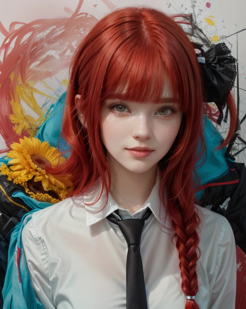 cute girl with red hair and a tie in front of a colorful background, style 4 k, portrait cute girl