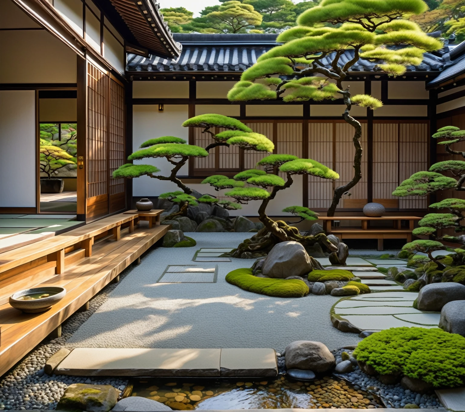 there is a small garden with a wooden bench and a stone path, zen garden, with a fishpond and courtyard, japanese house, soothing and cozy landscape, a wide open courtyard in an epic, beautiful aesthetic design, japanese garden, kyoto inspired, lush plants and bonsai trees, vivid and detailed, lush japanese landscape, with walkways, incredibly high detailed