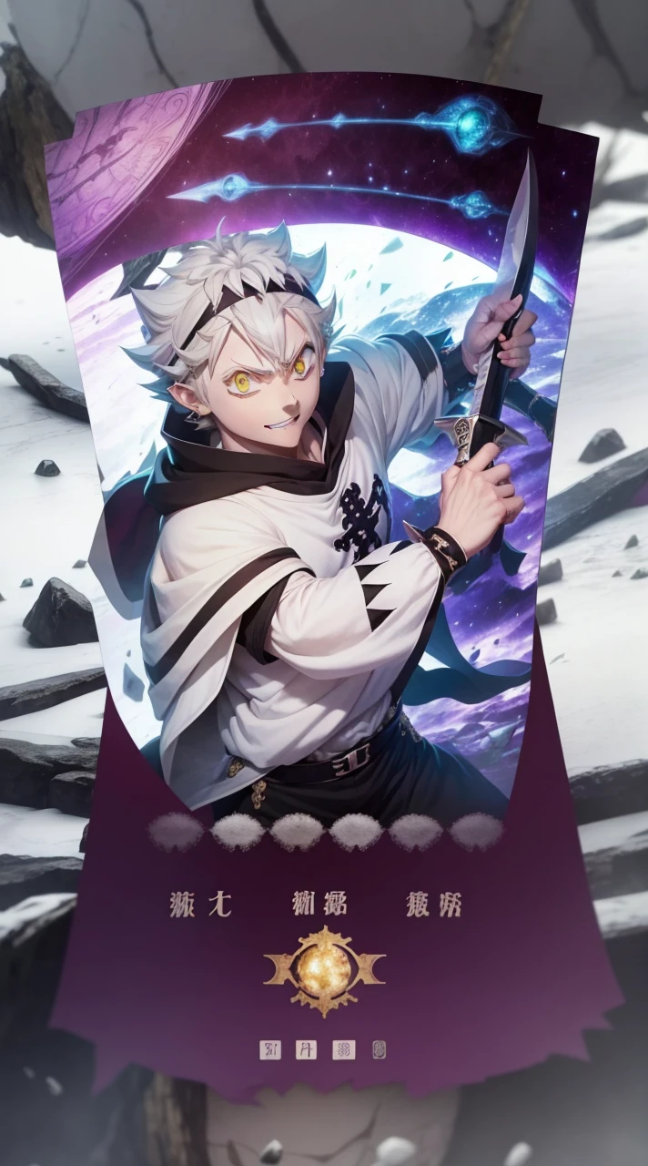 Asta, BlackCover Anime, white hair, smile, one eye is green and the other is red, he has a long sword in his hand, a drawing of a man with red eyes, screenshot from black clover, otaku gangasta, killua zoldyck, killua zoldyck portrait, demon slayer, ufotable studio art style, killua zoldyck black hair, kimetsu no yaiba, kentaro miura!, anime epic artwork, ufotable art style