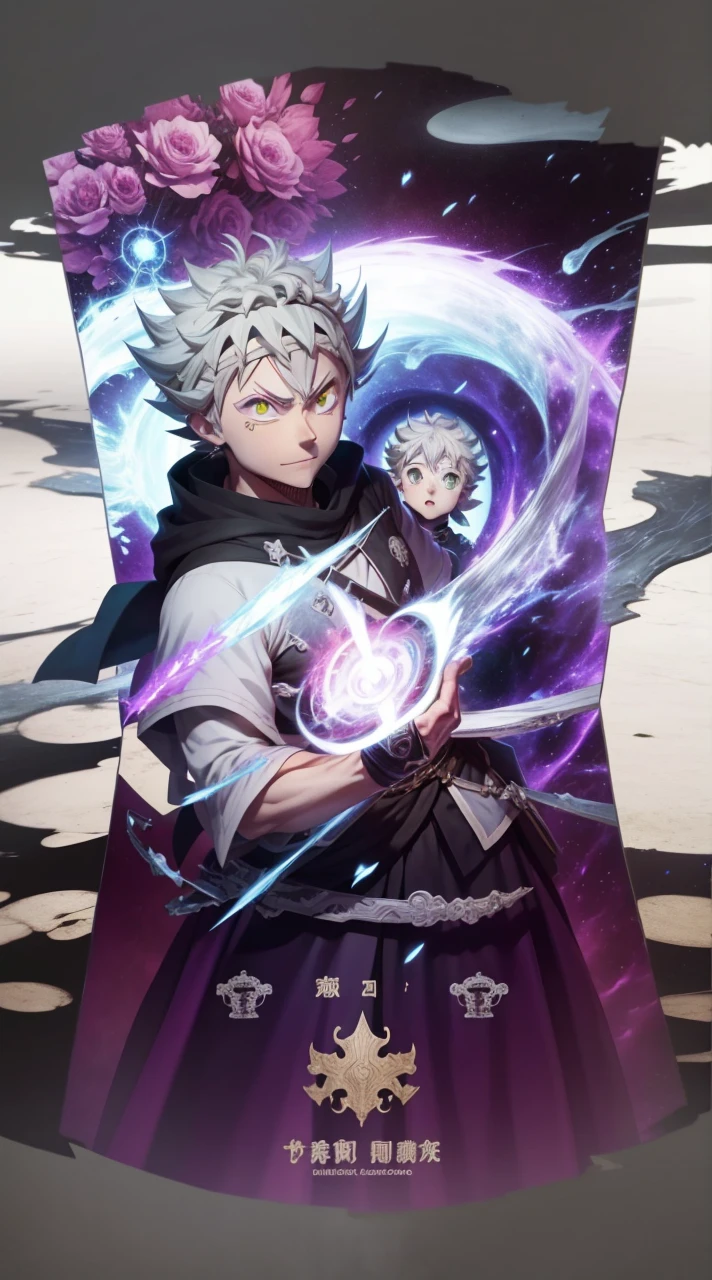 Asta, BlackCover Anime, white hair, smile, one eye is green and the other is red, he has a long sword in his hand, a drawing of a man with red eyes, screenshot from black clover, otaku gangasta, killua zoldyck, killua zoldyck portrait, demon slayer, ufotable studio art style, killua zoldyck black hair, kimetsu no yaiba, kentaro miura!, anime epic artwork, ufotable art style