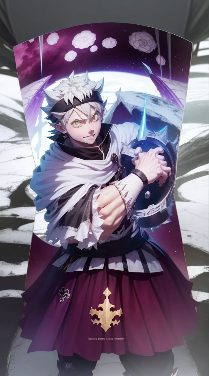 Asta, BlackCover Anime, white hair, smile, one eye is green and the other is red, he has a long sword in his hand, a drawing of a man with red eyes, screenshot from black clover, otaku gangasta, killua zoldyck, killua zoldyck portrait, demon slayer, ufotable studio art style, killua zoldyck black hair, kimetsu no yaiba, kentaro miura!, anime epic artwork, ufotable art style