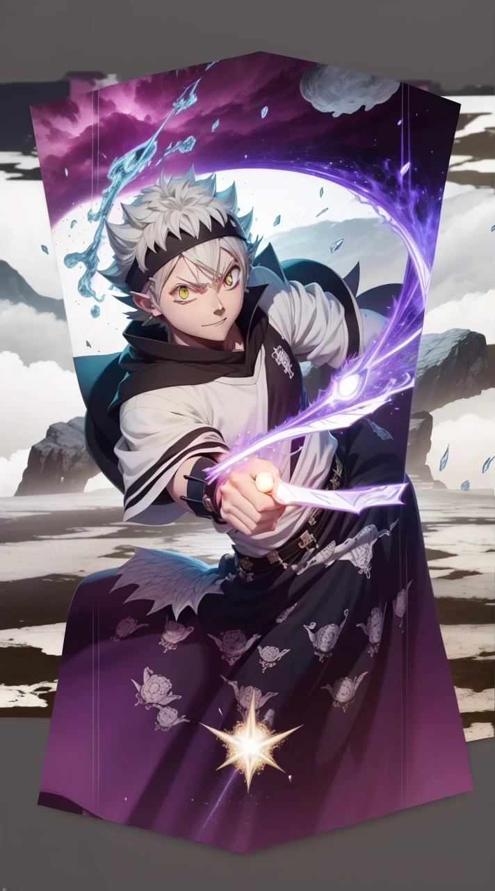 Asta, BlackCover Anime, white hair, smile, one eye is green and the other is red, he has a long sword in his hand, a drawing of a man with red eyes, screenshot from black clover, otaku gangasta, killua zoldyck, killua zoldyck portrait, demon slayer, ufotable studio art style, killua zoldyck black hair, kimetsu no yaiba, kentaro miura!, anime epic artwork, ufotable art style