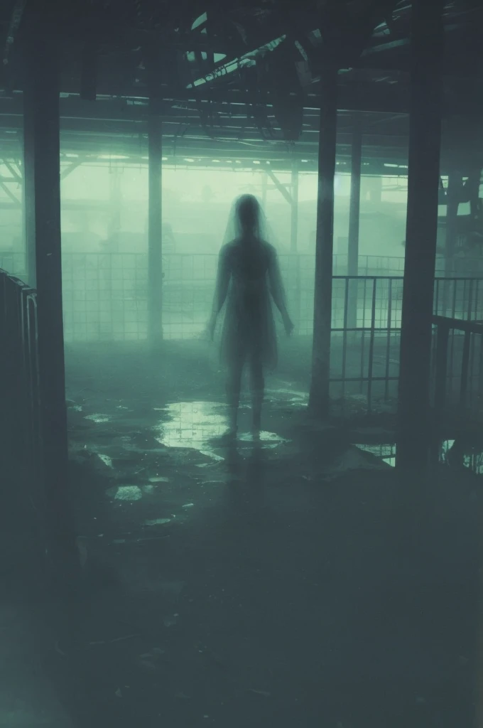 A lonely translucent spirit, detailed ghost figure, abandoned theme park, heavy film grain, glare, cinematic lighting, dark moody atmosphere, haunting, surreal, eerie, horror, dark fantasy