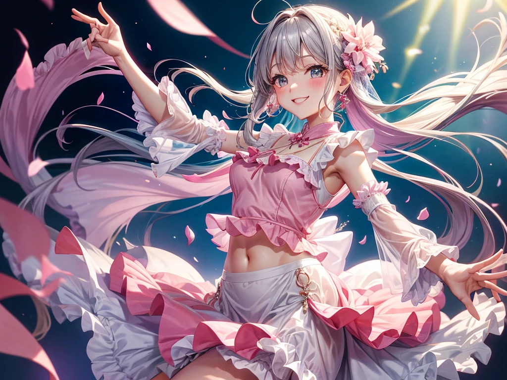 (Dancing girl)、Dancing figure、smile、Pink ruffle sleeveless&Culottes skirt、Jewelry goods、See-through lace white robe、petal