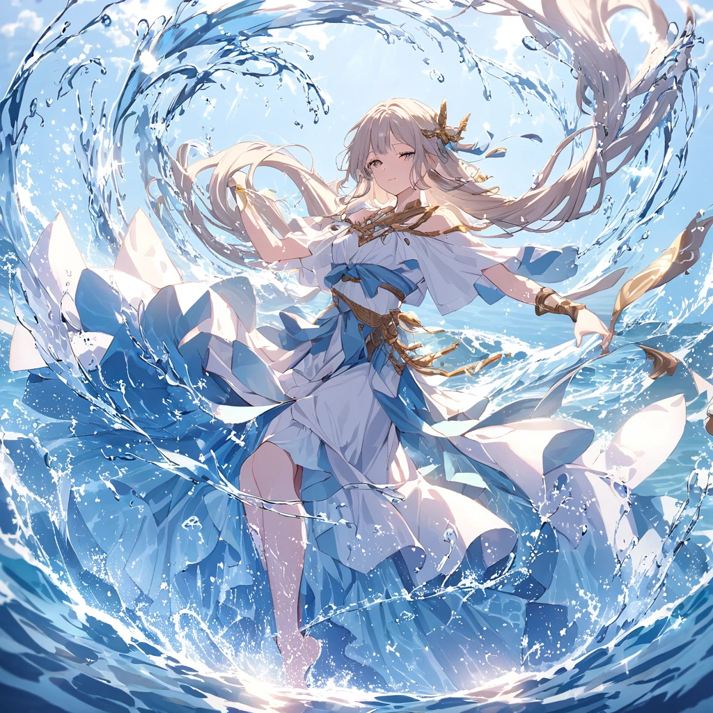 A mysterious water messenger in ancient costume,Dancing Alone。She is the embodiment of the water element.,Long hair in a wavy ponytail,Dancing gracefully in the water。Surrounded by gorgeous water effects,Every step of the dance is like rippling water,Exudes a mysterious and charming atmosphere