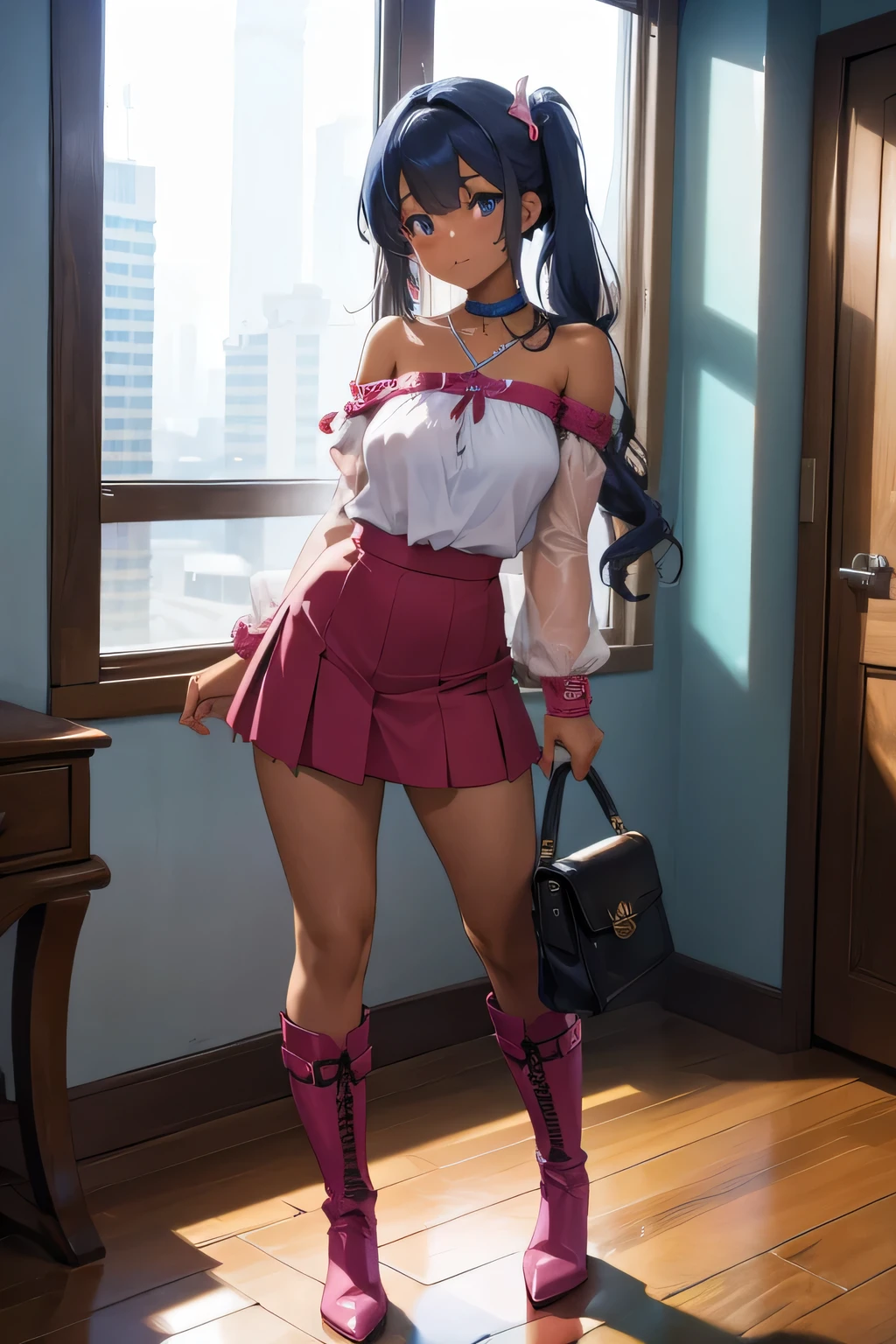 1 girl, single girl, sexy girl, wavy blue hair, dark skin, tanned skin, big breasts and wide hips, pink top with a sweetheart neckline, a small dark pink skirt, a long pink boot, a mini bag , in an penthouse,