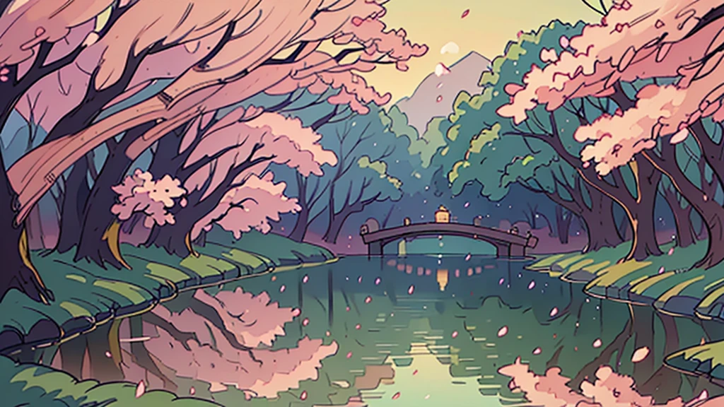 a tranquil cherry blossom park in full bloom, beautiful detailed cherry blossoms, serene landscape, stunning sunset lighting, delicate petals, lush greenery, mossy trees, serene pond, reflections, peaceful atmosphere, (best quality,4k,8k,highres,masterpiece:1.2),ultra-detailed,(realistic,photorealistic,photo-realistic:1.37),landscape,vibrant colors,soft lighting