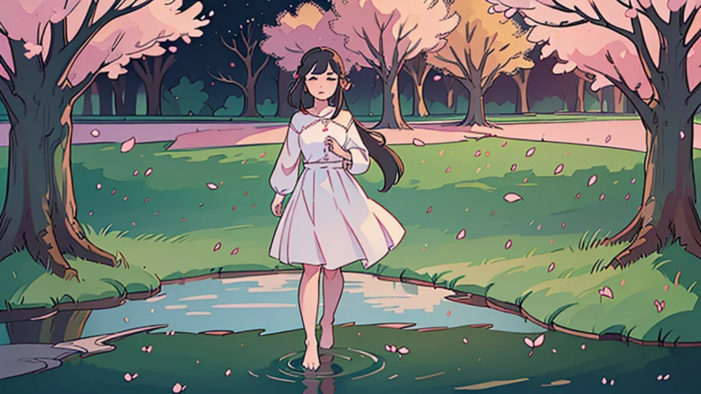 a tranquil cherry blossom park in full bloom, beautiful detailed cherry blossoms, serene landscape, stunning sunset lighting, delicate petals, lush greenery, mossy trees, serene pond, reflections, peaceful atmosphere, (best quality,4k,8k,highres,masterpiece:1.2),ultra-detailed,(realistic,photorealistic,photo-realistic:1.37),landscape,vibrant colors,soft lighting