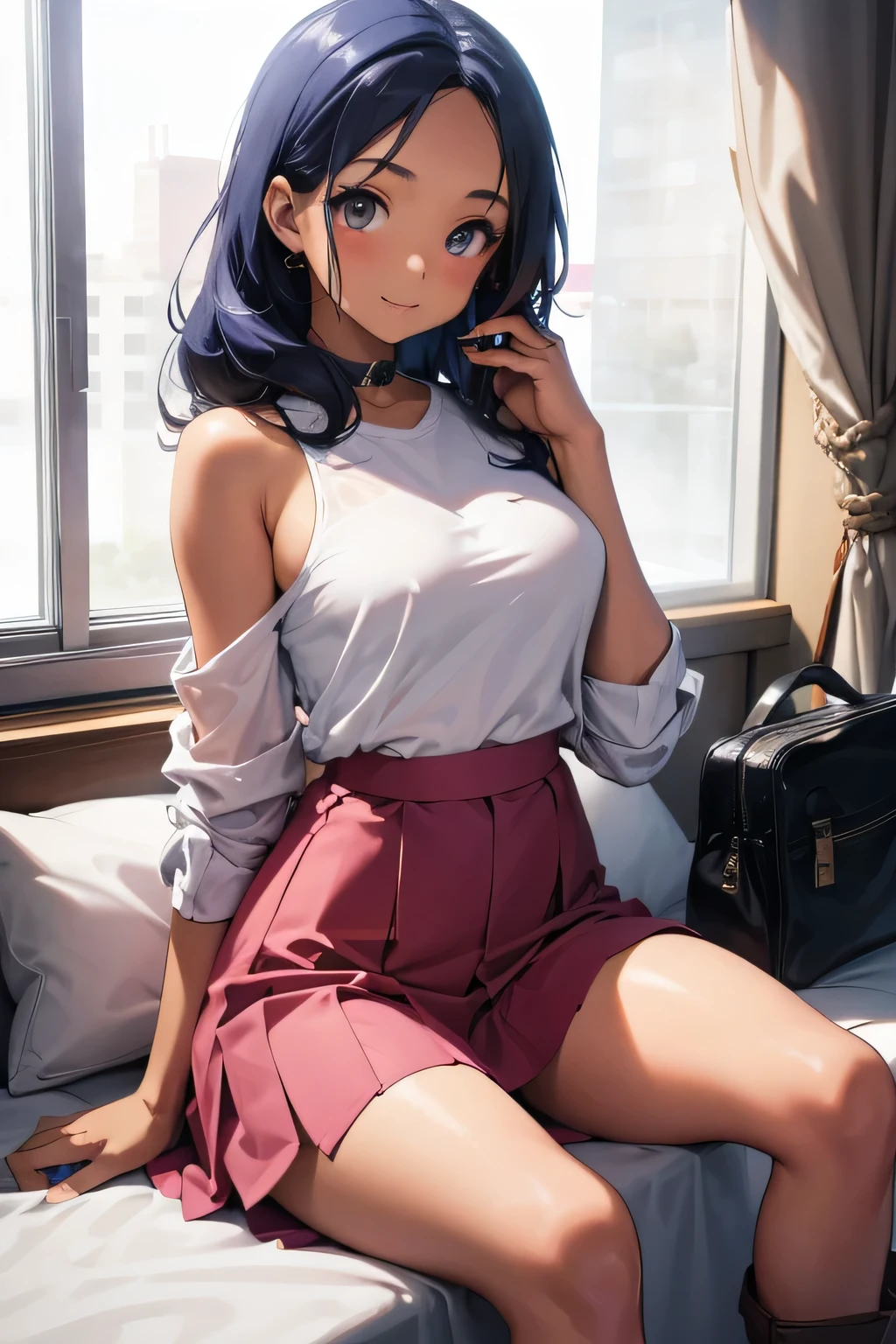 1 girl, single girl, sexy girl, wavy blue hair, dark skin, tanned skin, big breasts and wide hips, pink top with a heart-shaped neckline, a small white sweater, a small dark pink skirt, a long pink boot, telephone on one side, in an Penthouse