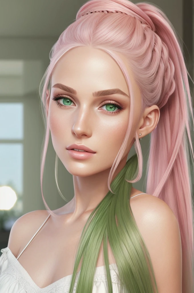 photorealistic, realistic,
Girl, green eyes, clear skin, soft makeup, long streaked green/pink hair, {loose hair, updo hair, ponytail, braids}, realistic soft skin.