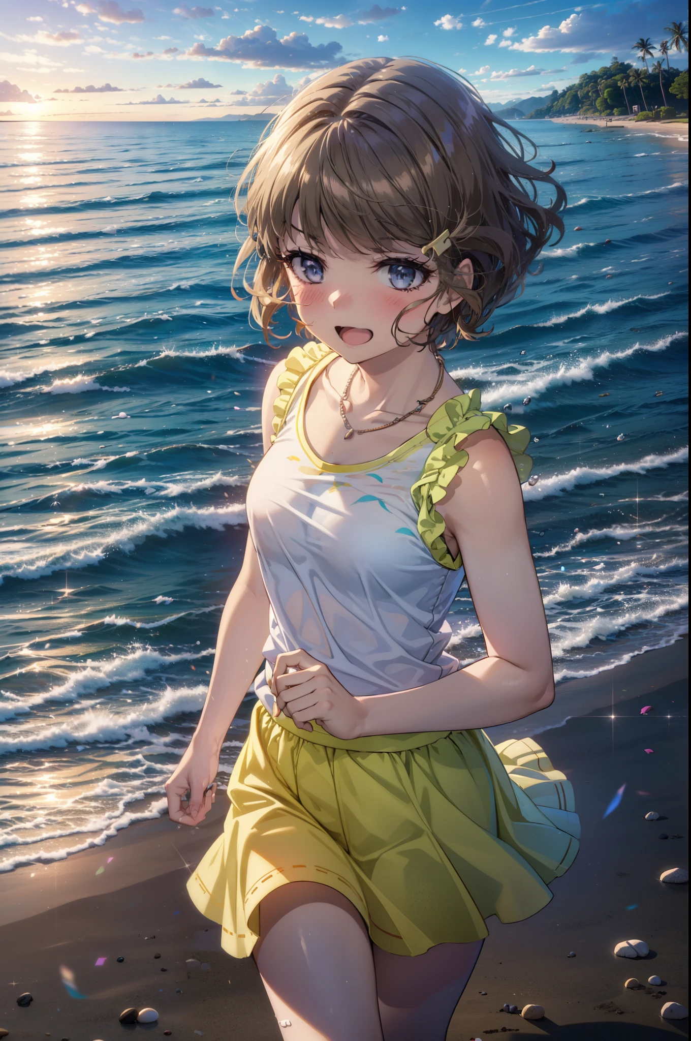 tomoekoga, Chie Koga, Long Hair, Brown Hair, blue eyes, Hair Clip,happy smile, smile, Open your mouth,Yellow tank top shirt,No sleeve,Shell Necklace,Yellow long skirt,barefoot,barefoot,Walking,True Summer,Daytime,Hair is fluttering in the wind,Sandy Beachで散歩している,whole bodyがイラストに入るように,
break outdoors, Sandy Beach,Beach,
break looking at viewer, whole body,
break (masterpiece:1.2), Highest quality, High resolution, unity 8k wallpaper, (figure:0.8), (Beautiful attention to detail:1.6), Highly detailed face, Perfect lighting, Highly detailed CG, (Perfect hands, Perfect ???????),