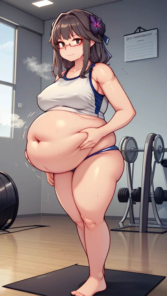 (Full body, glasses, detailed), An image of a pregnant girl wearing gym clothes with her belly on full display. She is a very voluptuous lady, she has a smug face and she is barefoot. (She is very sweaty and steamy)